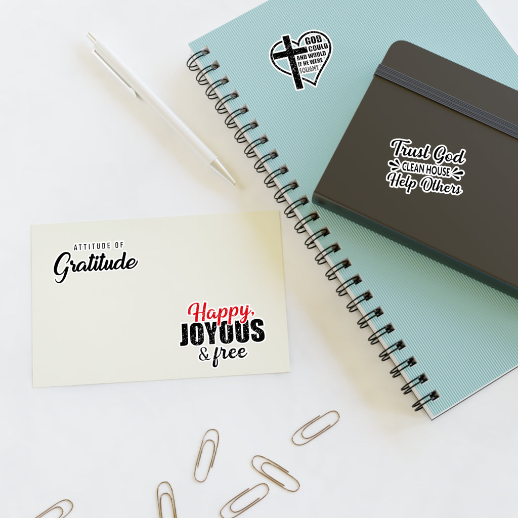 Christian Faith Sticker Sheet — Inspirational Bible Verse & Gratitude Decals (Happy Joyous, Trust God)